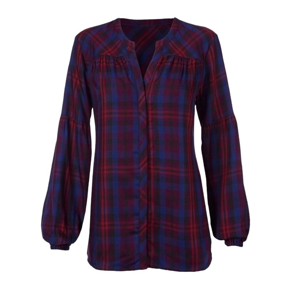 CAbi Caroling Joyful Plaid Blouse Button Down Blue Red Size Small Style 4070
